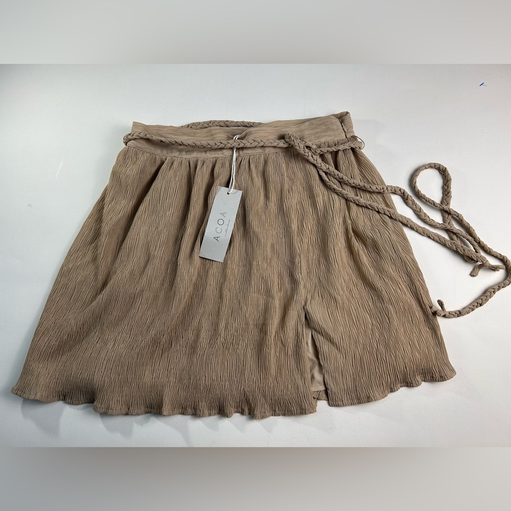NEW ACOA Tan Crinkled Mini Skirt with Braided Waist Tie